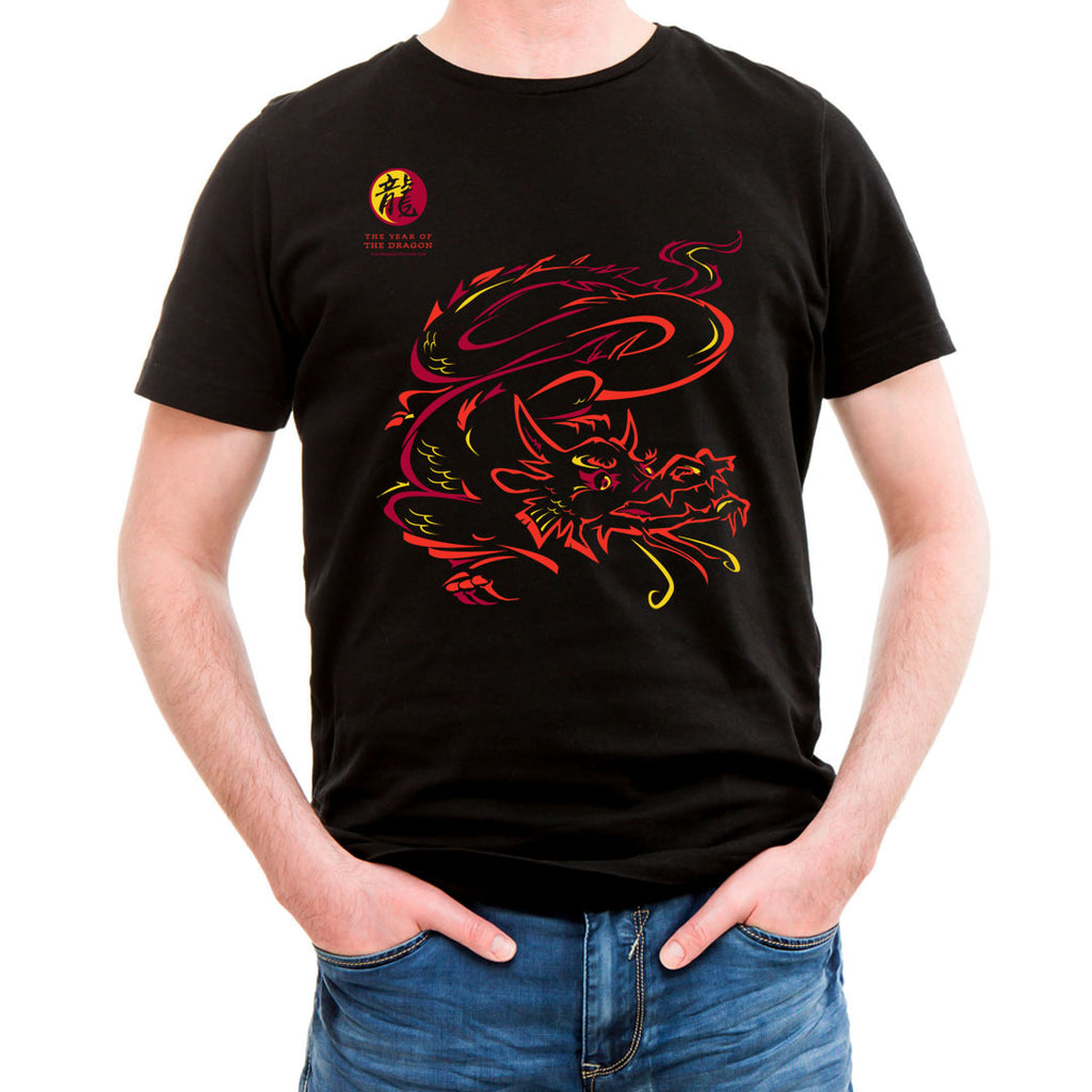 DRAGON Year of the Dragon 2024 100% cotton black T-Shirt Asian Oriental Chinese Zodiac Animal Neon-NRG Design