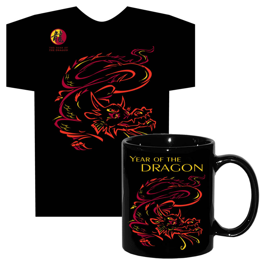 DRAGON Year of the Dragon 2024 Asian Oriental Chinese Zodiac Horoscope Animal sign Black T-Shirt and Coffee Mug Gift Set