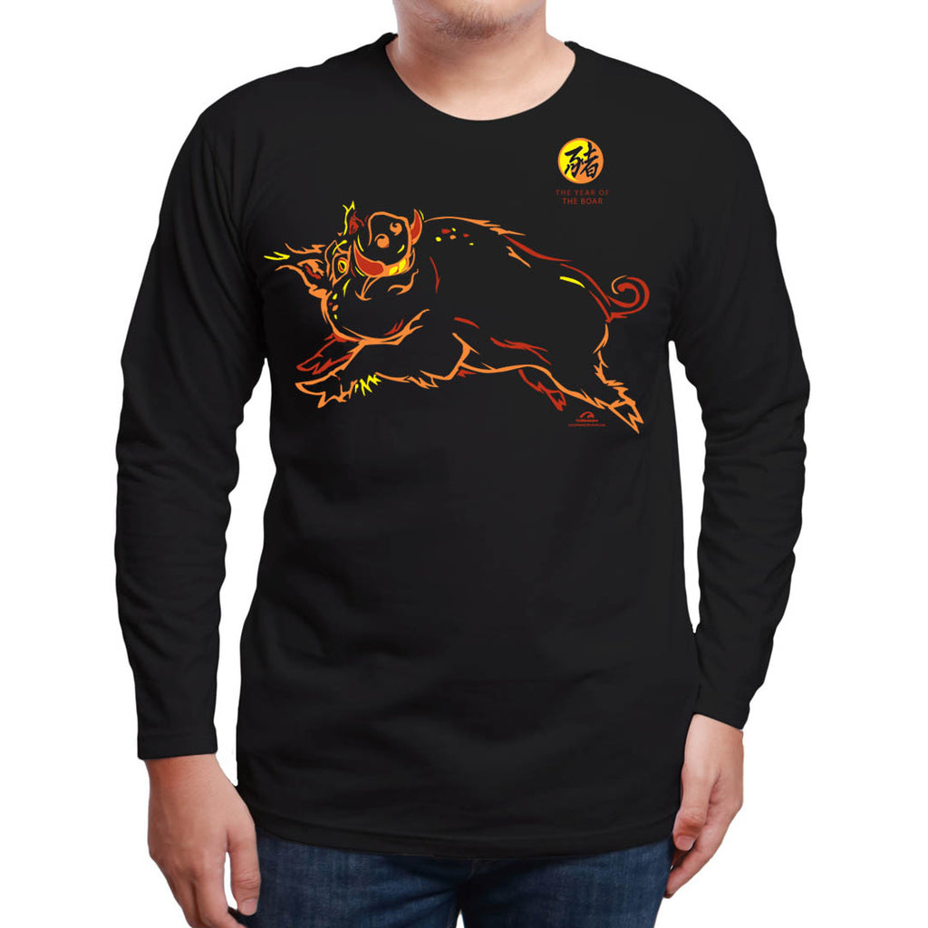 Year of the BOAR (Pig), Neon-NRG Long Sleeve Black T-Shirt, Born: 47, 59, 71, 83, 95, 07, 2019 FREE GREETING CARD W/ORDER