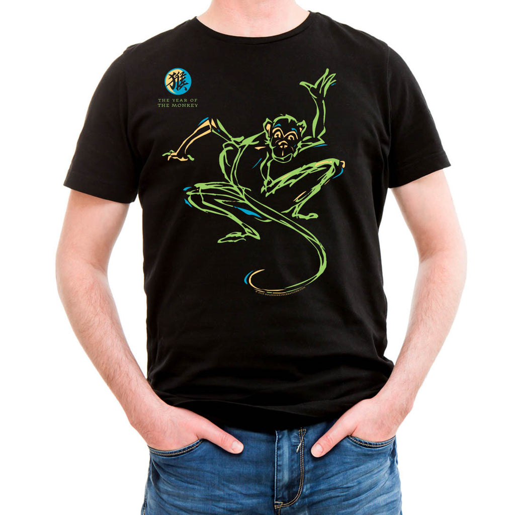 Year of the Monkey Black t-shirt Neon-NRG Design Zodiac Birth Years: 1932, 44, 56, 68, 80, 92, 04, 2016 FREE GREETING CARD W/ORDER