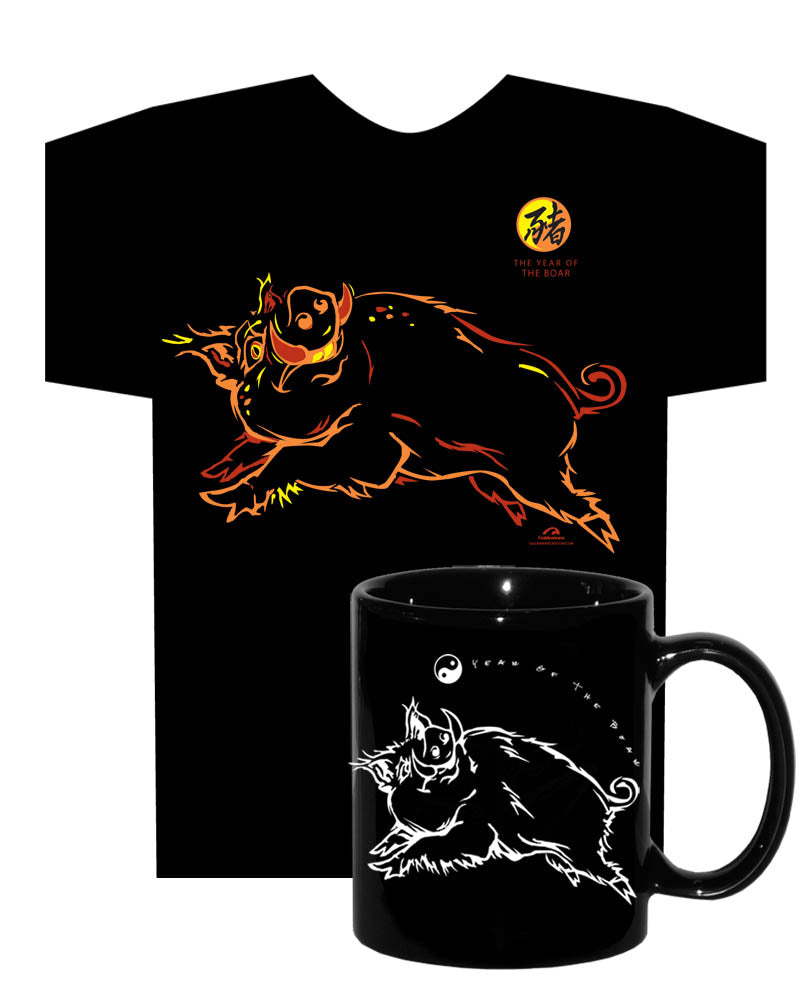 Year of the BOAR (Pig), Neon-NRG, T-SHIRT & Hi-NRG MUG GIFT SET with FREE Greeting Card
