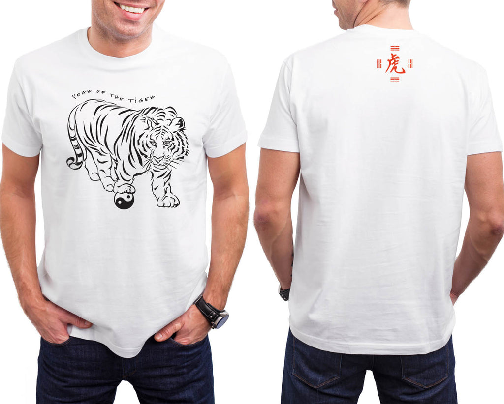 Year of the Tiger, Hi-NRG White t-shirt Birth Years: 1938, 50, 62, 74, 86, 98, 2010, 2022 FREE GREETING CARD W/ORDER