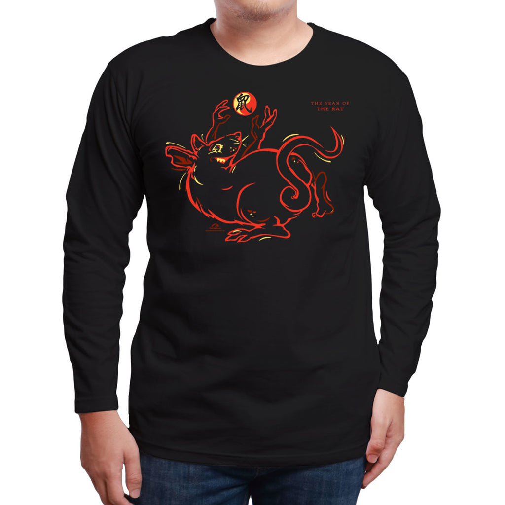 Year of the RAT, Asian Oriental Zodiac Neon-NRG Style Long Sleeve Black T-Shirt, Born: 1936, 48, 60, 72, 84, 96, 08, 2020 + FREE RAT GIFT CARD