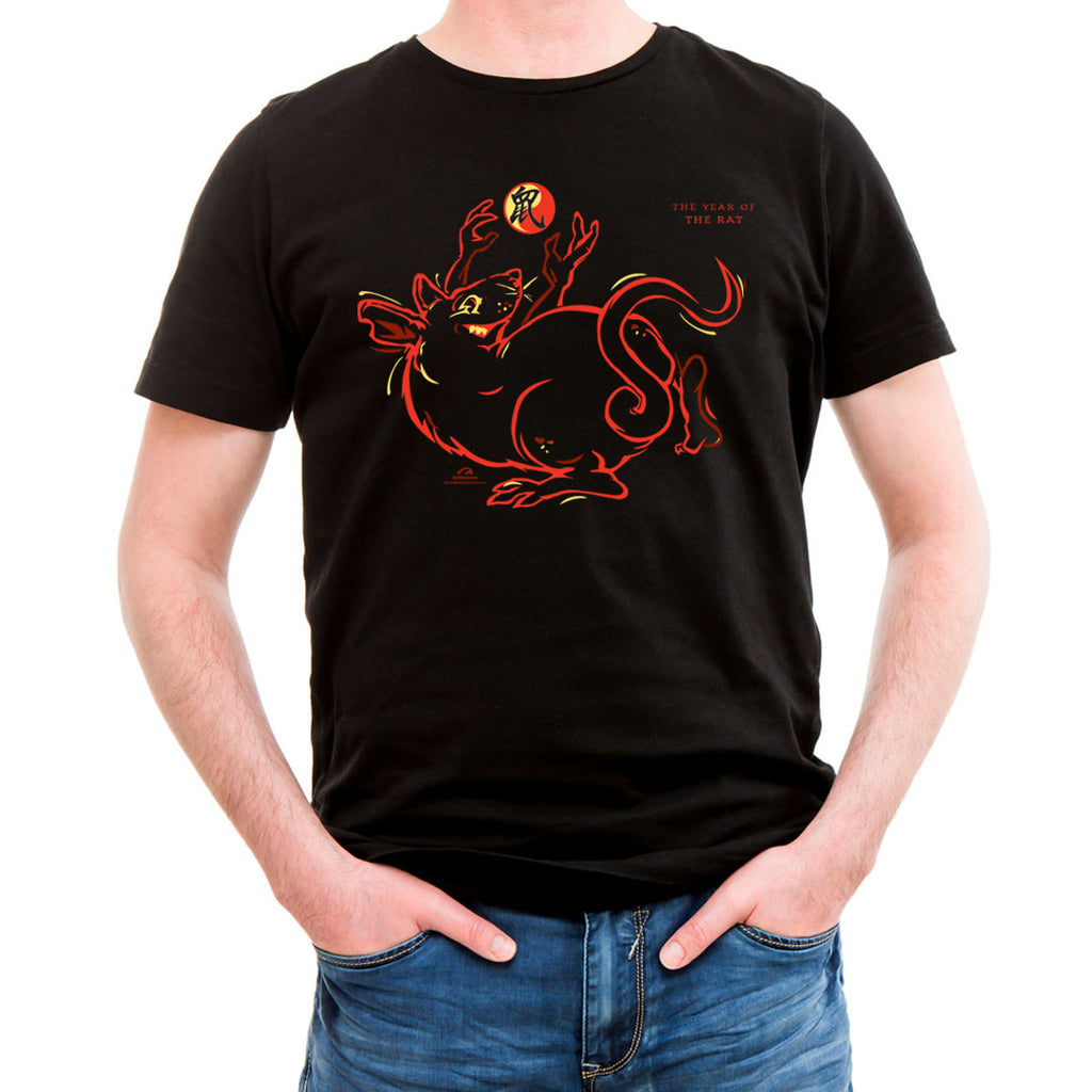 Year of the RAT, Asian Oriental Zodiac Neon-NRG Style Black T-Shirt, Born: 1936, 48, 60, 72, 84, 96, 08, 2020 + FREE RAT GIFT CARD