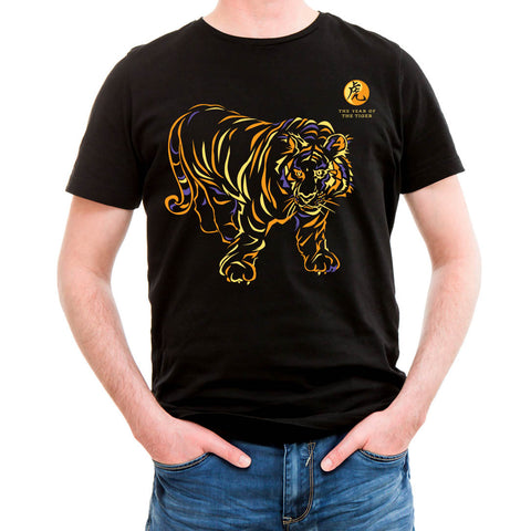 Year of the Tiger Asian Oriental Chinese. Neon-NRG Black T-Shirt, Born: 1938, 50, 62, 74, 86, 98, 10, 2022 FREE GREETING CARD W/ORDER
