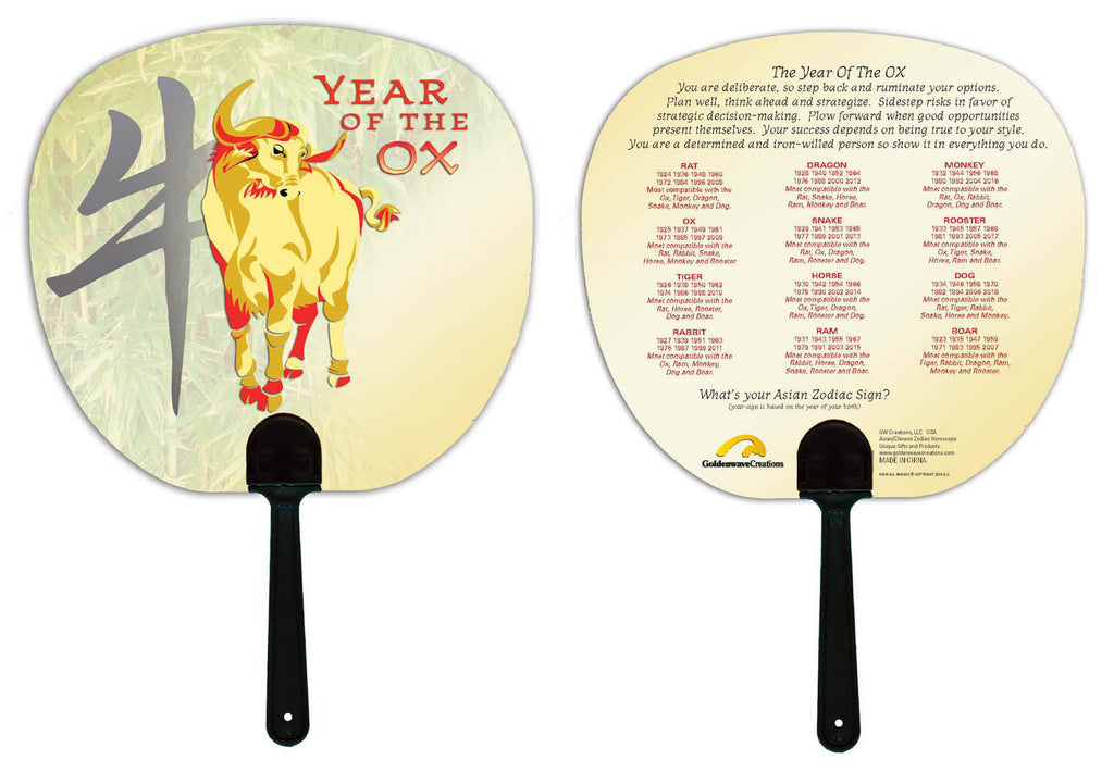 Year of the Ox Hand Fan 3pk. Birth Years: 1925, 37, 49, 61, 73, 85, 97, 2009, 2021